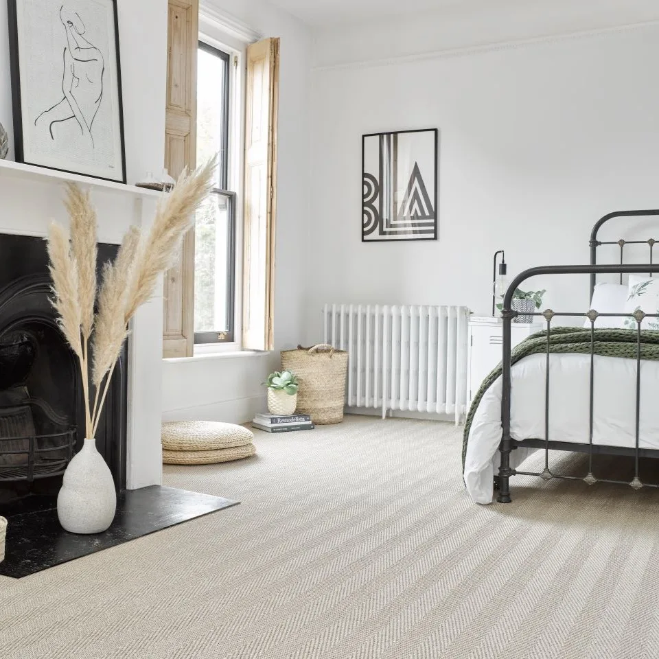 Sisal Agra Platinum Herringbone Carpet in bedroom lifestyle image