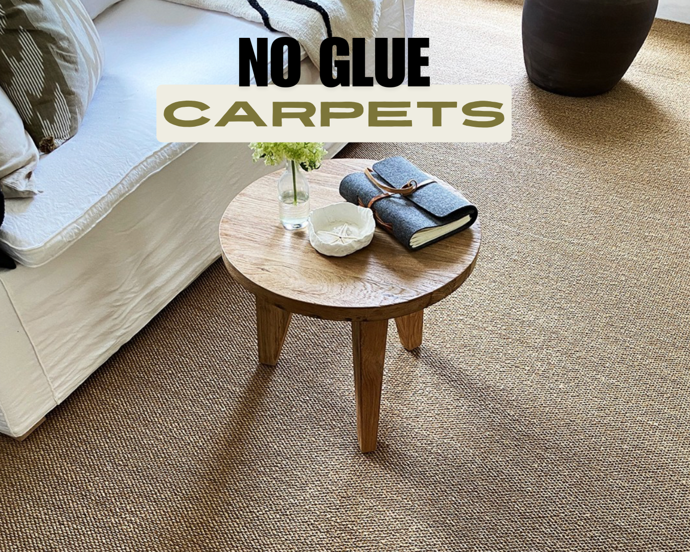 No glue carpet in a living room with wooden stool on top